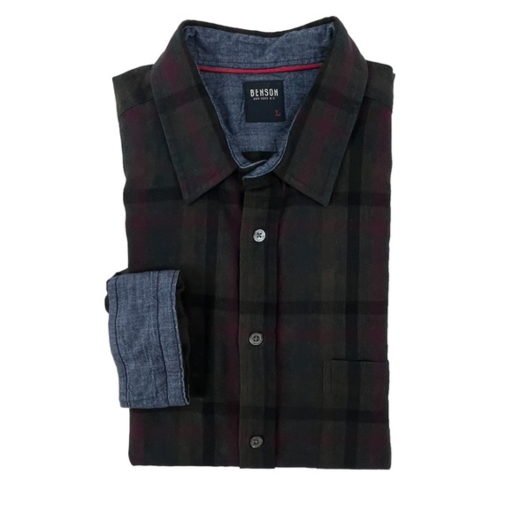 Benson Mens Button Down Flannel Shirt Green Black Red Size L